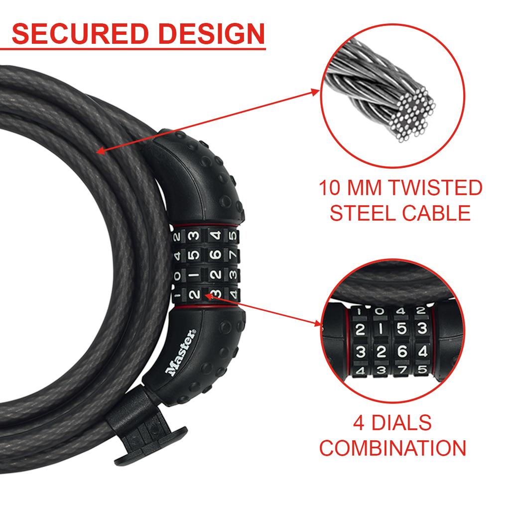 Master Lock Bike Lock Cable, 4-Digit Code, 180 cm x 10 mm, Mounting Bracket
