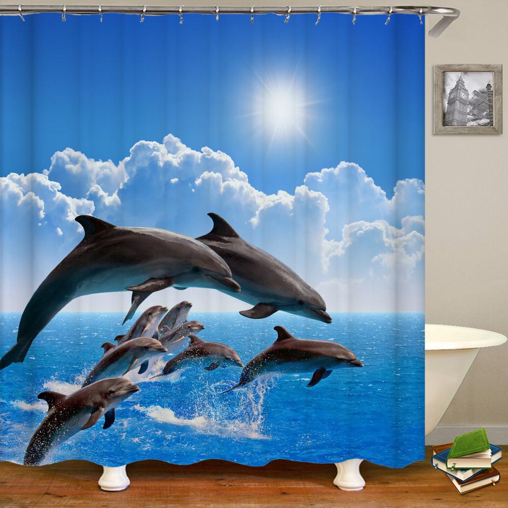 Cartoon Dolphin Shower Curtain Waterproof Home Decoration Curtain Ocean Sea Beach landscape Printed Bathroom Curtain With Hooks