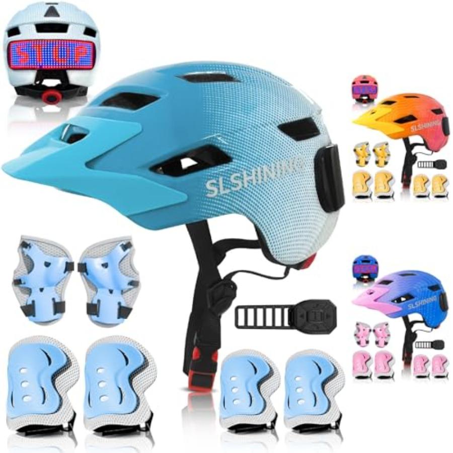 Bike Helmet Toddler Helmet for Boys Girls Youth with LED Lights Bicycle Helmets with Protective Gear Set Knee Elbow Wrist Pads