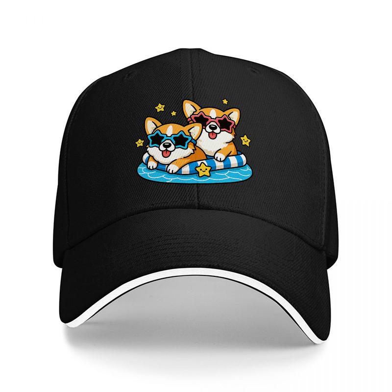Corgi Dog Summer Pool Float Baseball Cap Cool Cartoon Pets Sunglasses Design Black Adjustable Hat for Adults