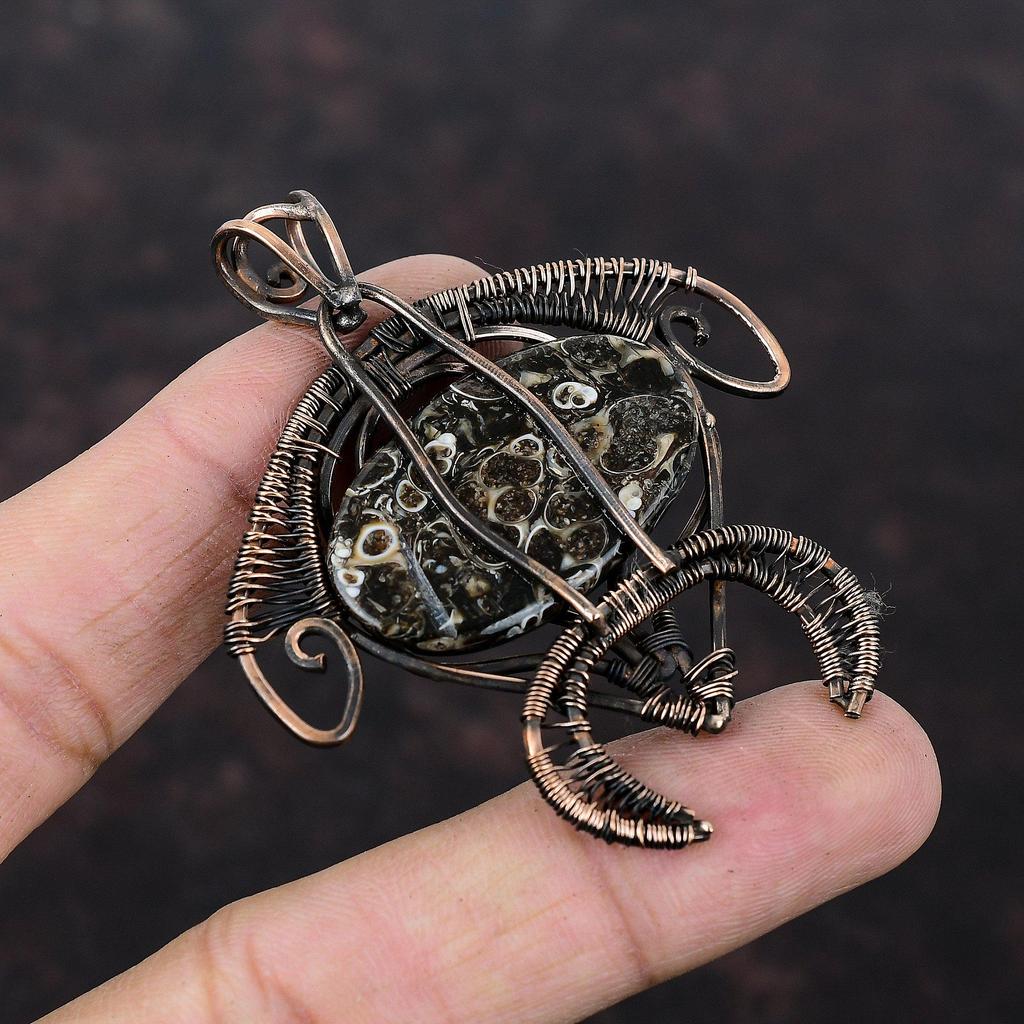 Turritella Agate Pendant Copper Wire Wrapped Gemstone Jewelry Amazing Tortoise Pendant Copper Wire Wrapped Pendant Handmade Jewelry For Gift