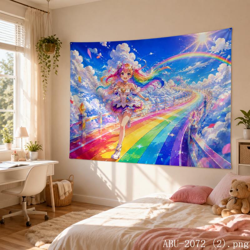 Pastel Rainbow Anime Girl Aesthetic Tapestry Pink Floral Sky Cartoon Wall Hanging Teen Dorm Bedroom Otaku Home Decor