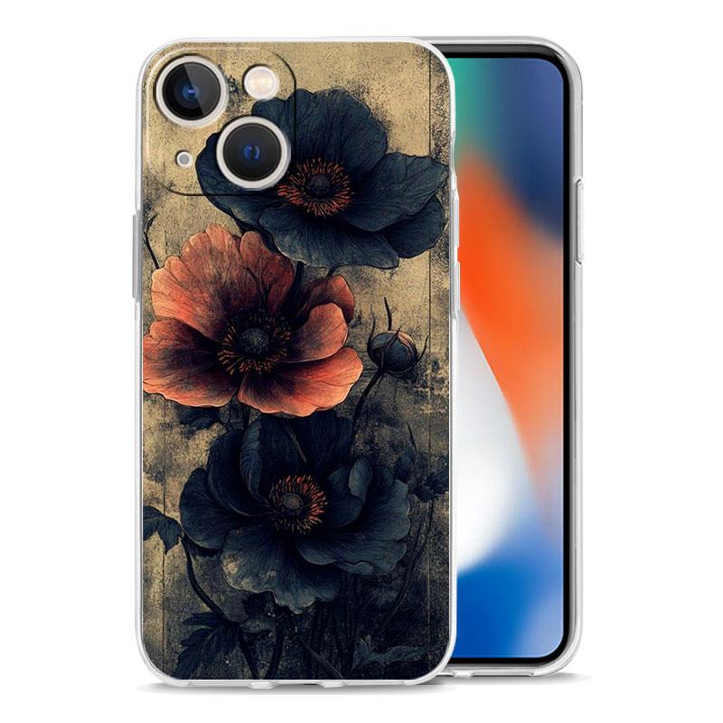 Чехол для телефона iPhone 17 Air Cases iPhone 16 15 12 13 14 Pro Max SE 7 8 Plus iPhone11 Прозрачный чехол Цветок в стиле живописи тушью
