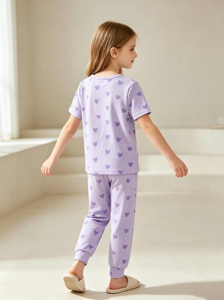 2 Pcs Girls Glowing  Pajama Set, Purple Cartoon Print Sleepwear for Kids 4-8 Years