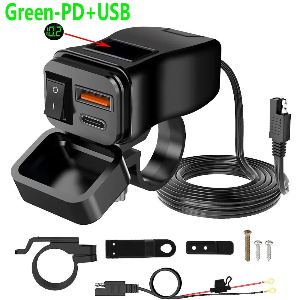 PD+QC3.0 USB-зарядное устройство для мотоцикла, быстрое зарядное устройство, 60 Вт, руль, два разъема USB с переключателем, вольтметром, водонепроницаемый адаптер питания 12 В