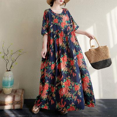 Реальное фото Летнее тонкое хлопково-льняное платье с круглым вырезом, коротким рукавом, цветочным принтом, простое богемное длинное платье-юбка для женщин