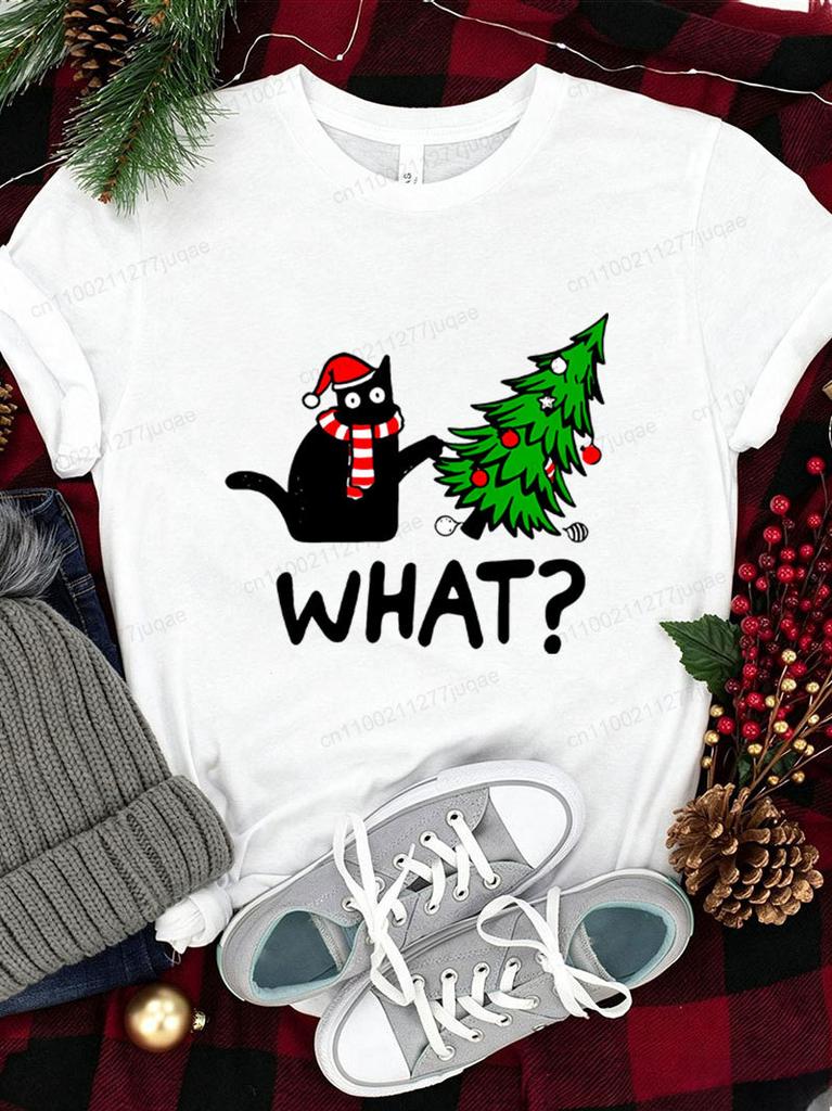 Christmas Funny What Black Cat Graphic T-shirt Women Men Cartoon Cat Xmas Tree Print Short Sleeve Tee Xmas Holiday Clothing Gift