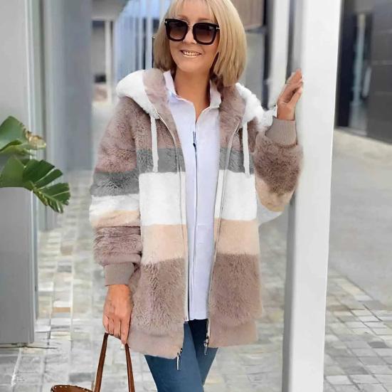 Пушистая флисовая куртка для женщин, пушистый шерпа кардиган на молнии, осенне-зимнее теплое пальто с капюшоном на шнурке и карманами