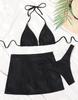Women's Swimsuit Black Halter High Waist Slit Sexy Back Tie Bikini Three Piece Swimwear