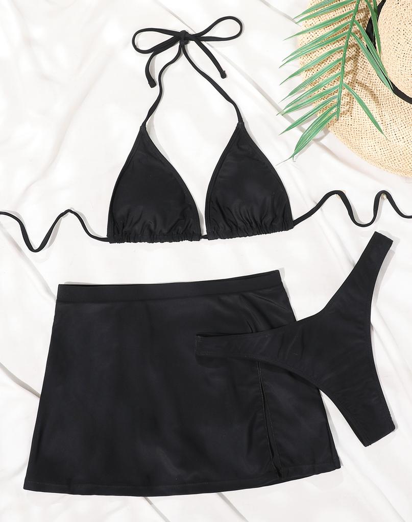 Women's Swimsuit Black Halter High Waist Slit Sexy Back Tie Bikini Three Piece Swimwear