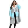 Womens Winter Hooded Sweatshirt Blanket Color Block Loose Warm Flannel Robe