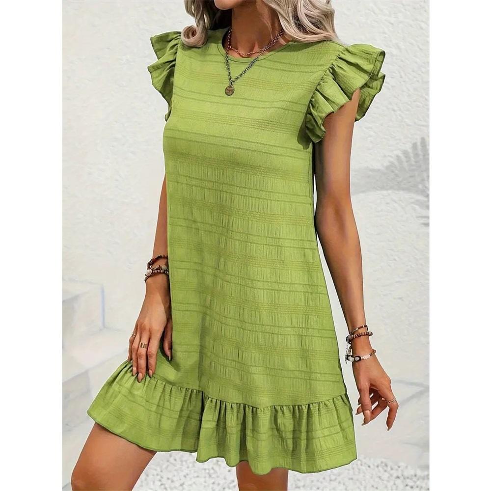 Женское летнее свободное платье с рукавами-крылышками и оборками, однотонное праздничное цельное платье длиной выше колена