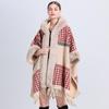 Women's Plaid Faux Fur Trim Poncho Tartan Cozy Cashmere Cape Shawl Winter Knitted Fringed Hooded Cardigan Cloak With Tassels for Female