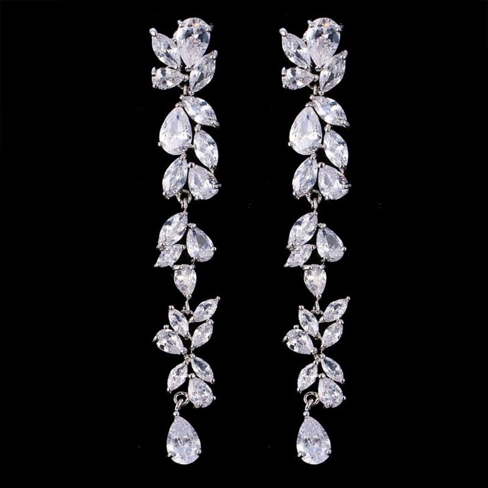 Shiny Crystal Leaf Shape Bracelet Silver Color Wristlet Plant Design Dangle Earrings Gift Bangle