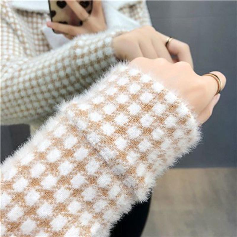 Cashmere Knitted Cardigan Coat Small Double Breasted Plaid Short Coat New Height and Thickness