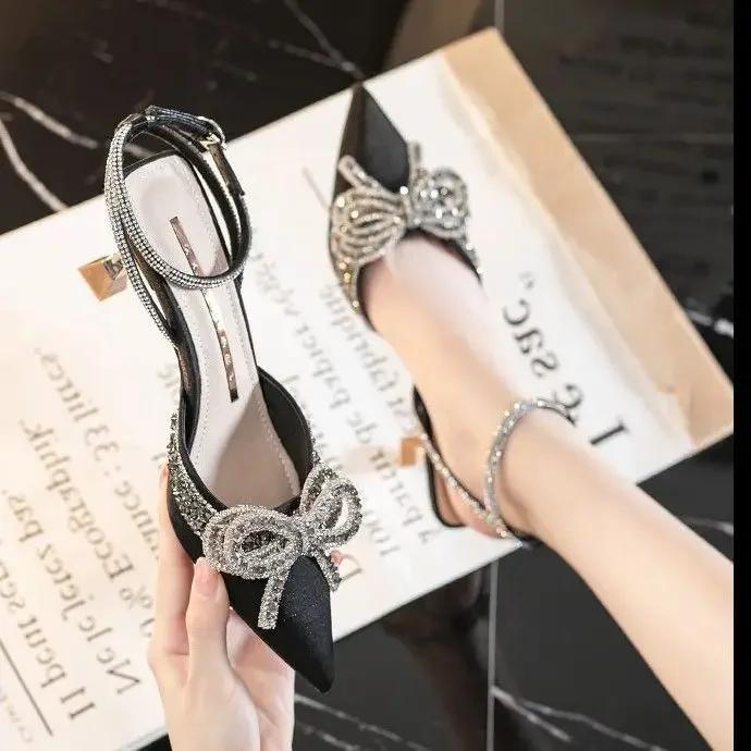 Women's Crystal Sandals Classic Fairy Bow High Heels Summer New Water Diamond Fine Heel Bridesmaid Wedding Shoes