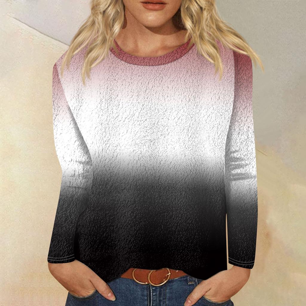 Женская модная повседневная футболка с длинными рукавами и круглым вырезом с градиентным цветом