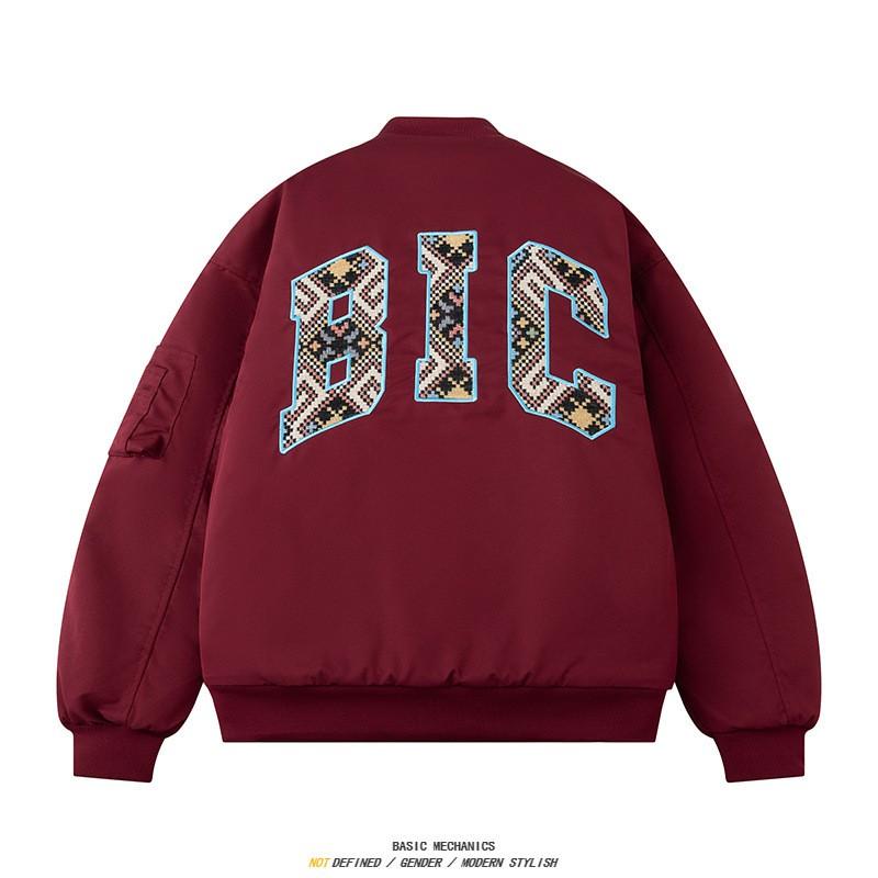 Unisex Oversized Thickened Cotton Padded Jacket With Floral Embroidery Casual Bomber Style Outerwear Winter