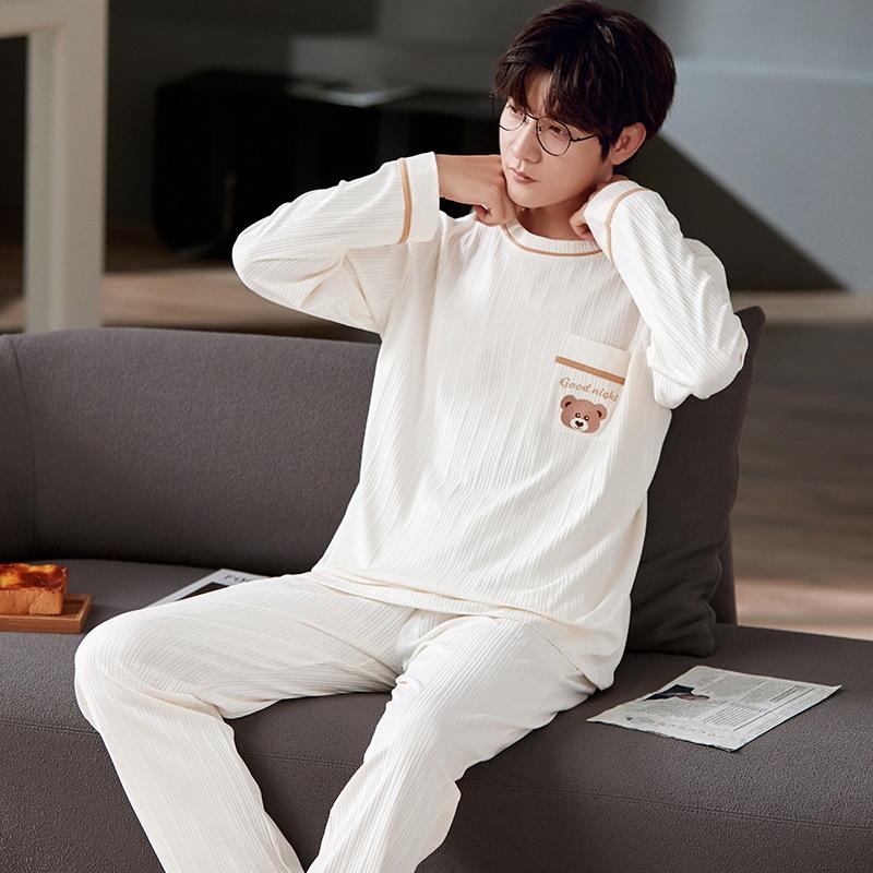 Пижамы мужские с длинным рукавом из хлопка весна и осень простой молодежный домашний костюм для отдыха можно носить