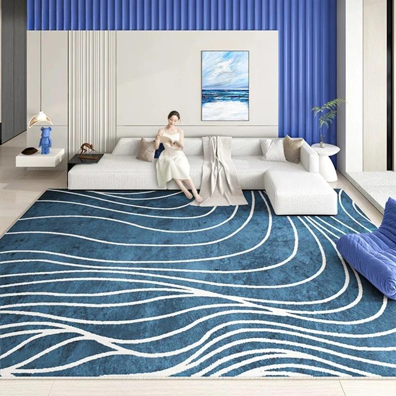 Abstract Line Area Rug White Base Blue Wavy Lines Non Slip Large Floor Carpet for Living Room Bedroom Decor