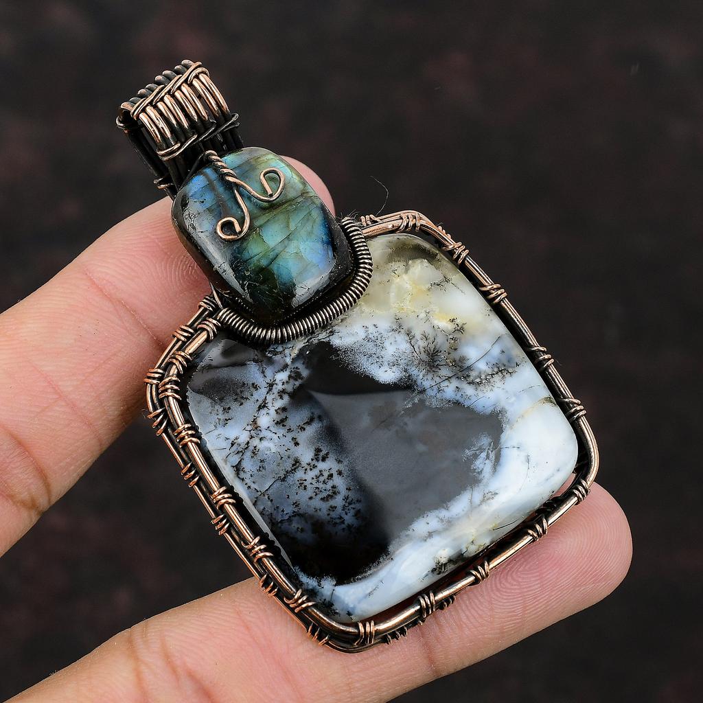 Подвеска с дендритовым опалом, обернутая медной проволокой, Подвеска с драгоценным камнем, Медные украшения, Подвеска ручной работы из проволоки, Украшения с лабрадоритом, Подарок на годовщину для мамы