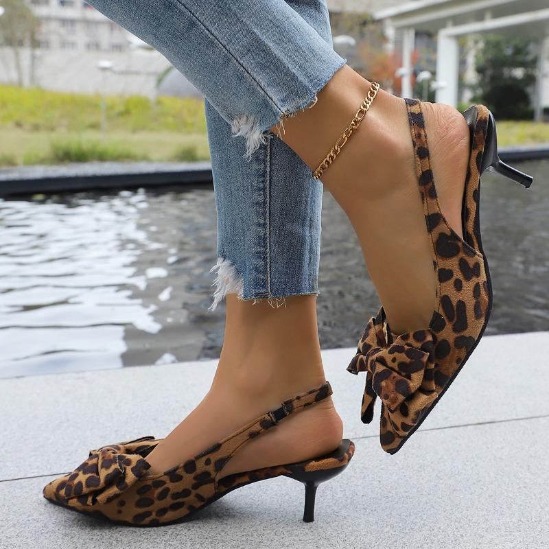 High Heel Sandals 2025 Summer New Fine High Heel Pointed Head Leopard Bow Back Hollow Sandals