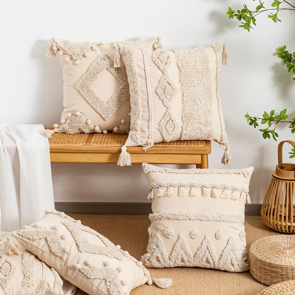 Rustic Style Tufted Fringed Cushion Cover Geometric Pattern Pillowslip Farmhouse