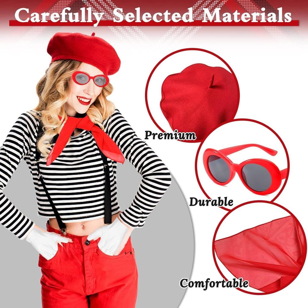 5-piece set French Women's Red Beret Mime Costume Accessories Set Chiffon Scarf, Gloves, Oval Sunglasses, Vintage French Theme