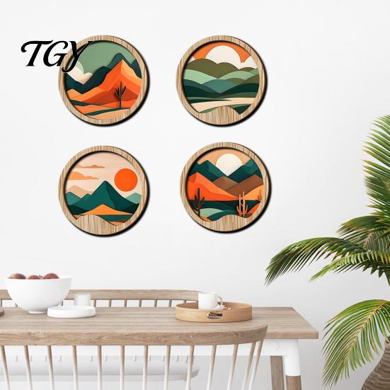 Rustic Wood Wall Sculptures Forest Sunset Scenery 2D Hanging, Boho Wooden Art Sign, Neutral Tone Ornaments Nature Tree Decor for Bedroom Living