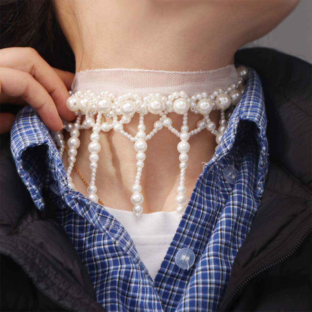 White Tassel Beads Necklace Creative Mesh Neck Jewelry Neck Pendant Pearl Lace Choker Bride