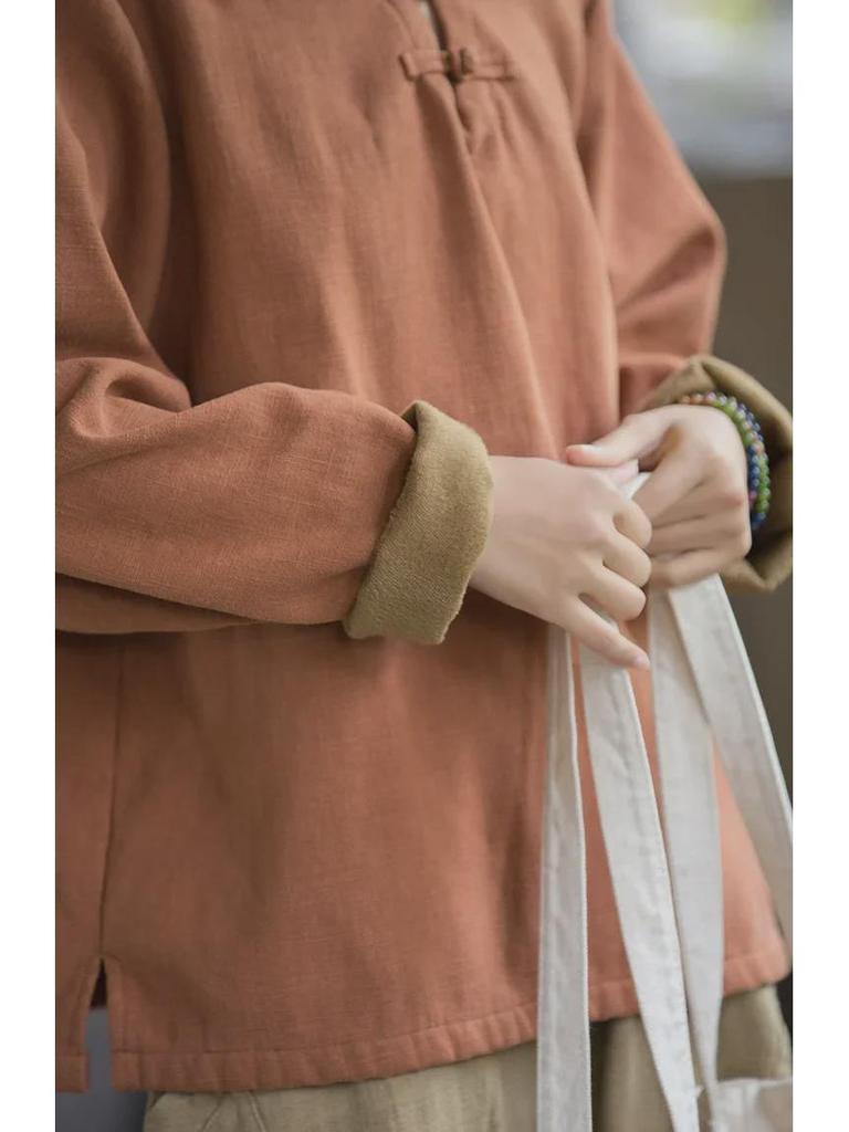 Женская рубашка из хлопка и льна в стиле ретро: Футболка весна/лето из бархата с пуговицами