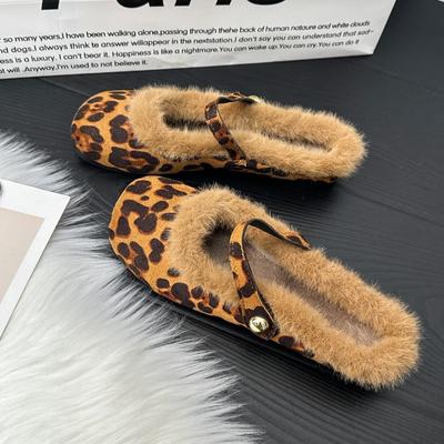 Женские леопардовые меховые мокасины замшевые тапочки зимние плюшевые туфли с квадратным носком брендовая обувь Marie Janes 2025 тренд мода уютные туфли Zapatos Mujer