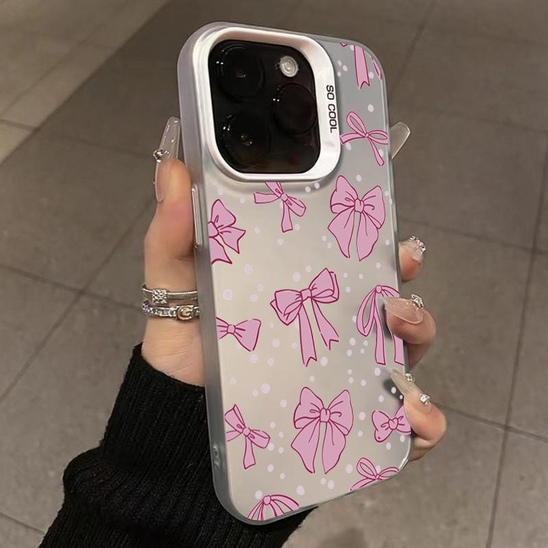 Ins Корейский Простой Розовый Чехол с Бантиком для iPhone 15 Pro Max 14 13 12 11 XS X XR 7 8 Plus 15 Роскошная Лазерная Крышка для Защиты Объектива