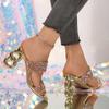 Fashion Women's Sequin Sequin Strap High Heels Summer New Square Toe Open Toe Non-slip Wear-resistant Special Heel Slippers