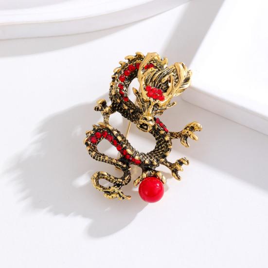 Chinese Style Brooch Men Enamel Dragon Shape Faux Pearl Pin Clothing Coat Badge Jewelry Party Accessories