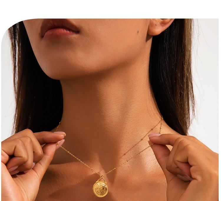 Ретро Ожерелье с Головой Льва и Набор Серег с 3D Текстурированными Монетами из Нержавеющей Стали