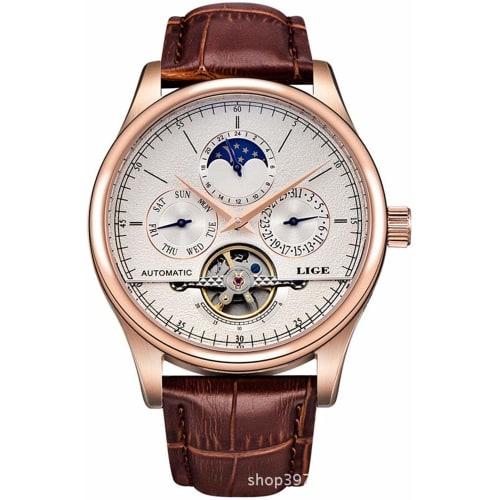 Gosasa Men's Brown Genuine Leather Tourbillon Automatic Watch, Brown, Mechanical, Automatic Watch.