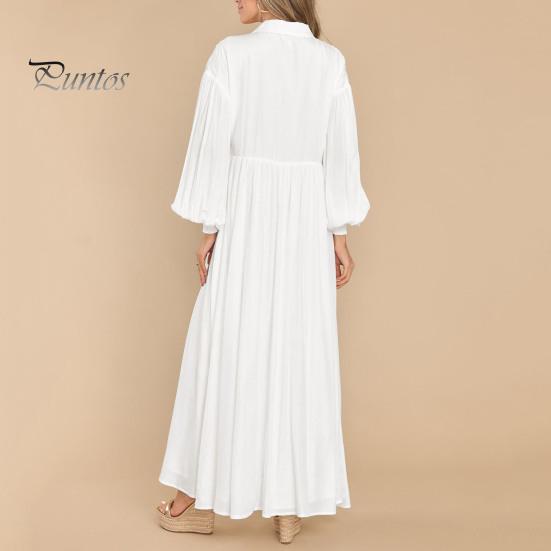 Осень-весна женское платье трапециевидной формы с отложным воротником, большие качели, плиссированные длинные рукава, однотонное однобортное свободное лоскутное платье макси