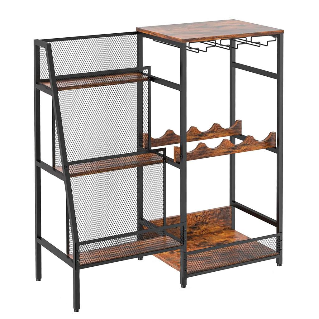 US Wine Rack Freestanding Floor Wine Bar Cabinet 3-Tier Floor Liquor Bar Cabinet With Fences & Glass Holder For Home Kitchen Bar