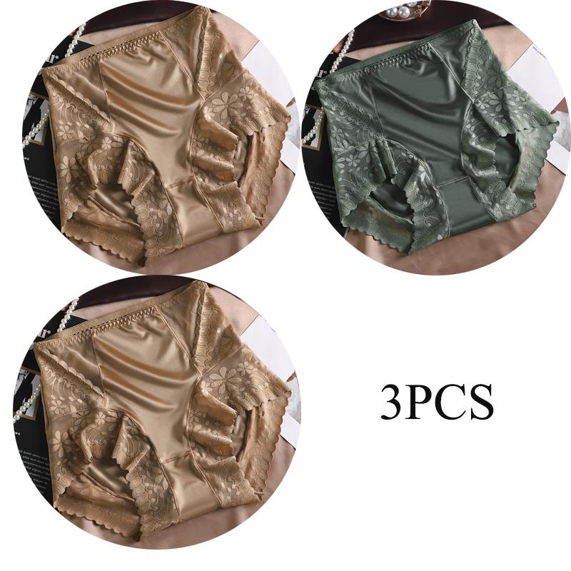 3pcs/sets Sexy High Waisted Lingerie Silky Satin Knickers Briefs Women's Soft Breathable Underwear Lace Breathable Pantys Triangle Panties for Women