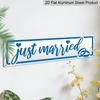 Плоский 2D, Элегантный металлический магнитный знак «Только что поженились» 4,0x16,0 дюйма - Для настенного крепления, Универсальное украшение, Дизайн в виде сине-белого сердца с кольцом