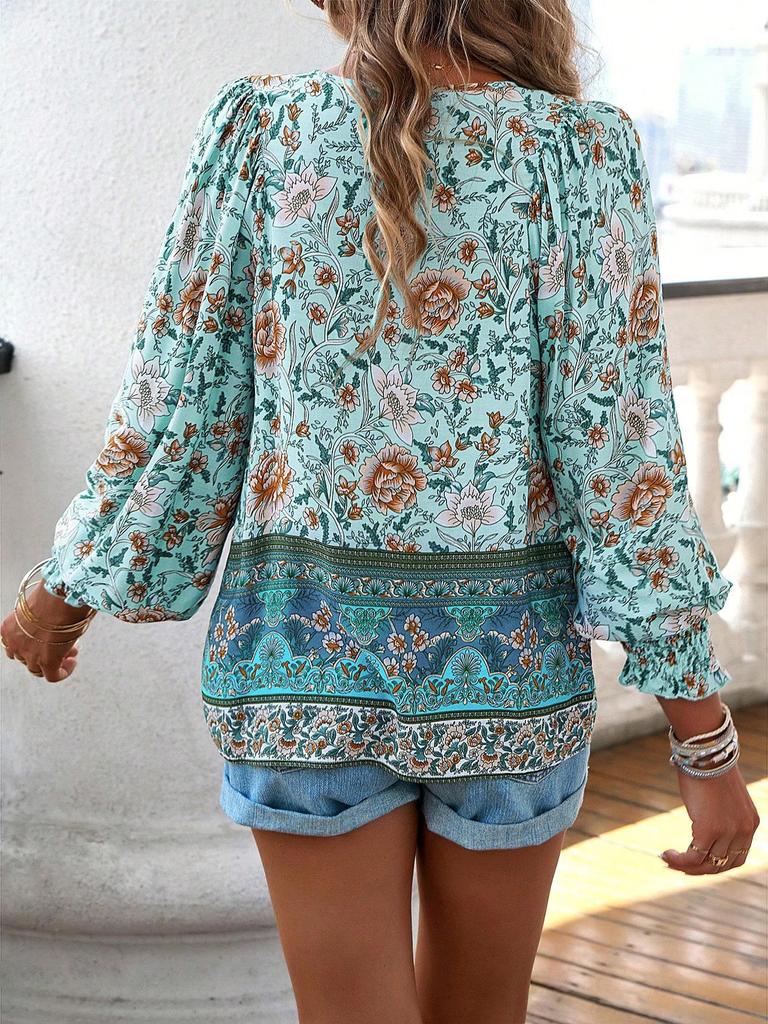 Bohemian Rayon Print Lace-up Long Sleeve Top for Women - 2025 Spring/Summer Collection