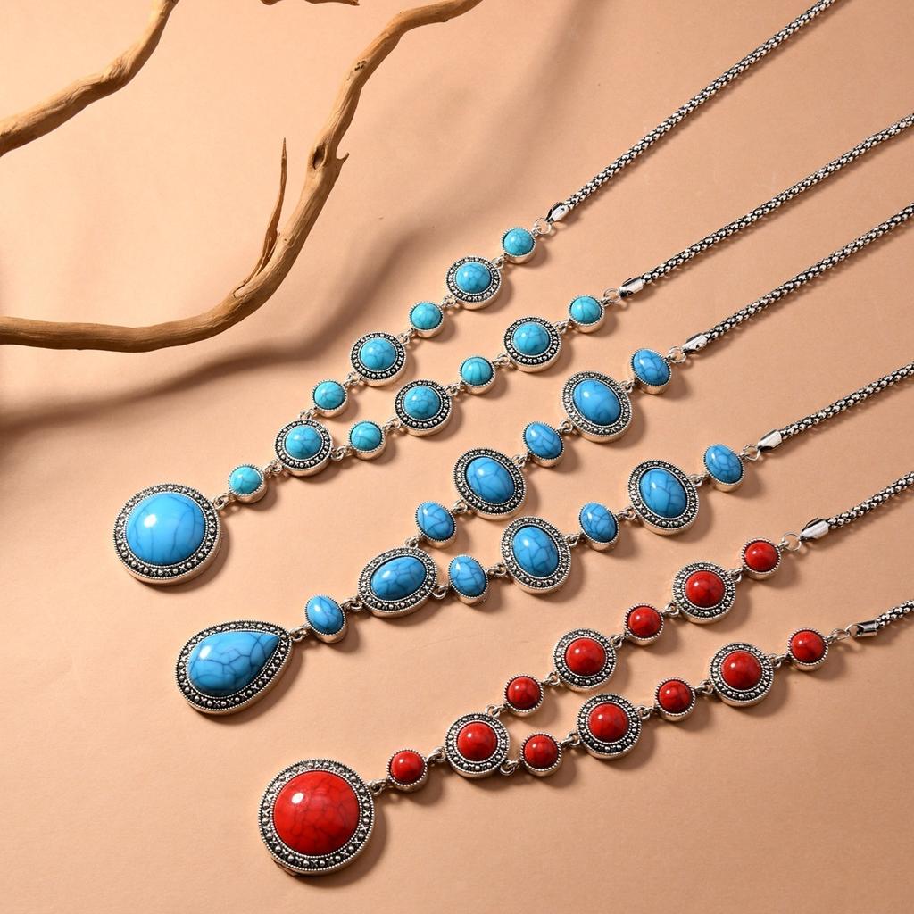 Boho Western Ethnic Vintage Antique Silver Alloy Geometric Imitation Turquoise Necklace Party Accessories For Women