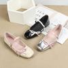 French Sweet Wind Bow Silver Flat Heel Mary Jane Women'S Shoes Light Mouth One-Word Buckle Belt Flat Single Shoes Women
