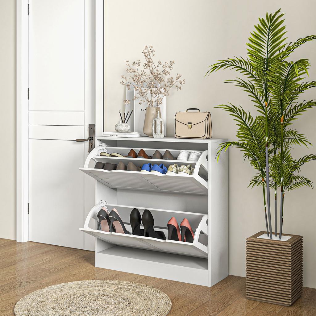 2 Drawers Entryway Shoe Cabinet, Narrow Shoe Storage Cabinet with 2 Flip Drawers, Louvred Door Design and Adjustable Shelves for 16 Pairs of Shoes