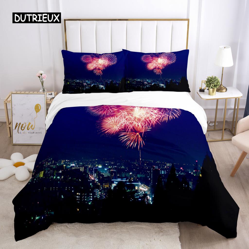 Пододеяльник Firework Queen Size, комплект постельного белья с разноцветными огнями, микрофибра, тема «Празднование Рождества», мягкий чехол для одеяла