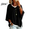 Soft Knit Sweater Autumn Women Pullover Sweater, Loose Fit Drawstring Hooded 3/4 Sleeve Drop Shoulder Solid Color Casual