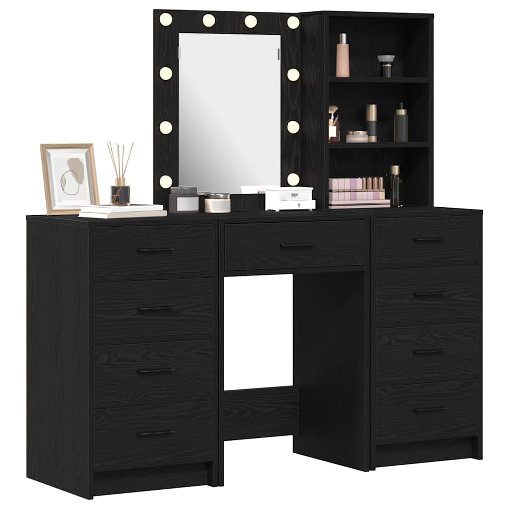 Makeup Table with Mirror Lighting 3 pcs Black Particleboard