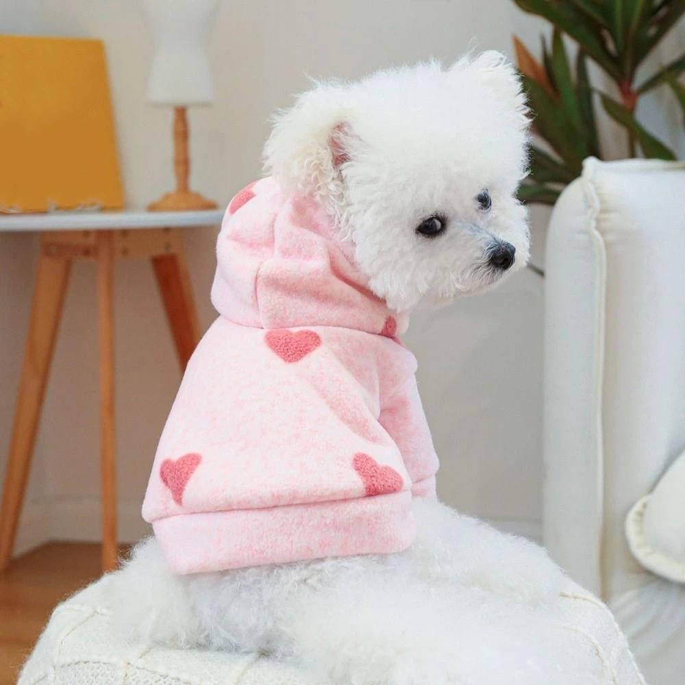 Cute Pink Heart Hooded Pet Sweatshirt Pink Heart Print Breathable Dog Hooded Jacket Comfortable Wear Insulated