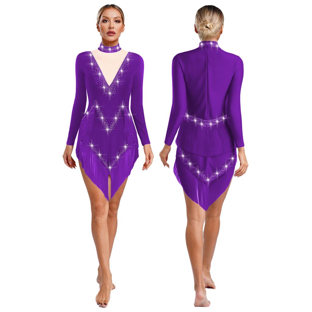 Women's Latin Dance Dress S-XXL - Shiny Rhinestones Mock Neck Long Sleeve with Tassels & Irregular Hem Stage Costume